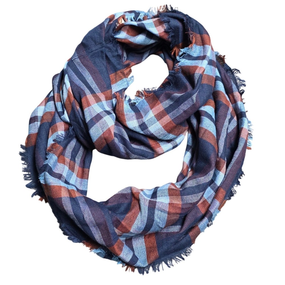 Loft Plaid Infinity Scarf Women's One Size Navy Blue Rust Orange Eyelash Fringe
